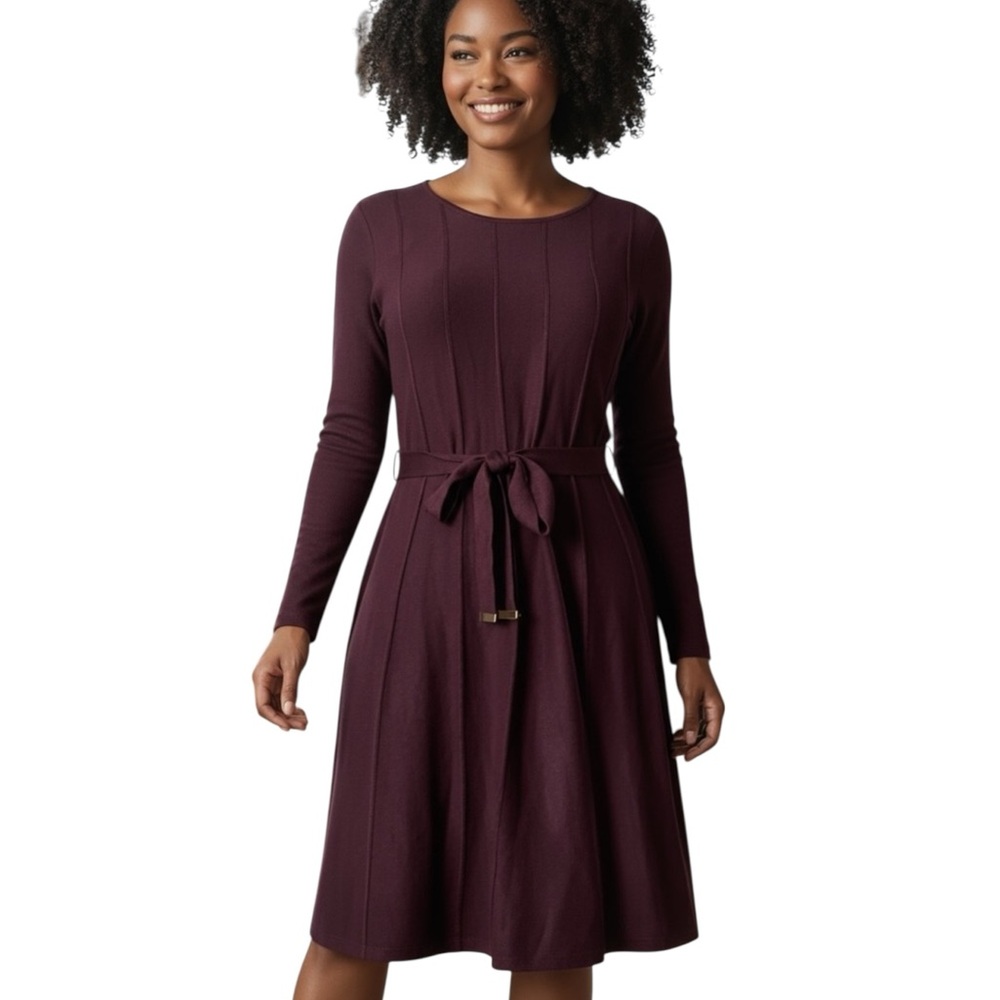 Jessica Howard Burgundy Knit Long Sleeve Mid Dress w/ Gold Trimmed Belt …